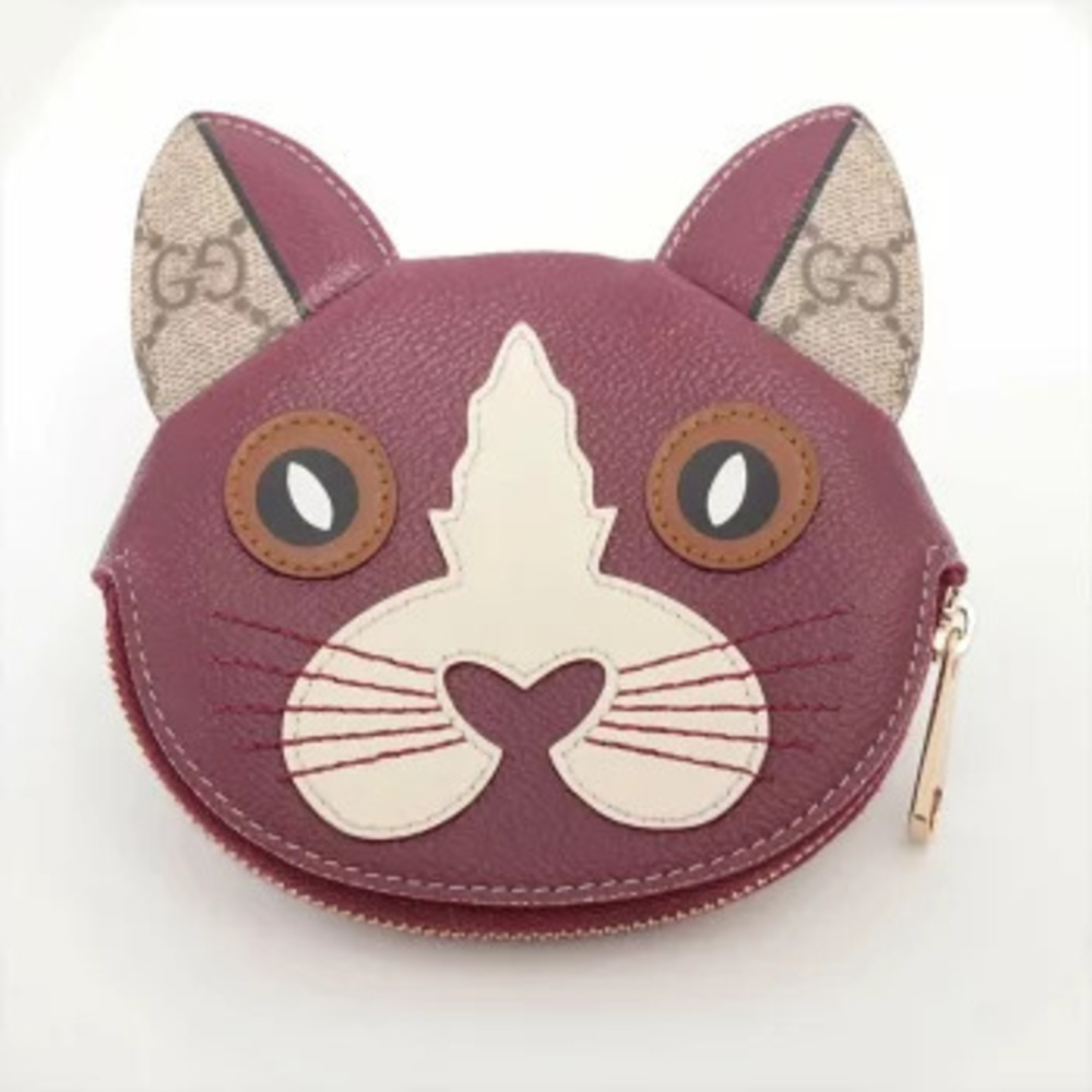 Gucci GG Supreme Cat Leather Coin Wallet Compact Wallet Purse Red White
